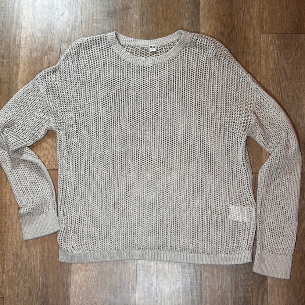 Uniqlo Women Beige Mesh Crew Neck Sweater Long Sleeve Knit Top Large
